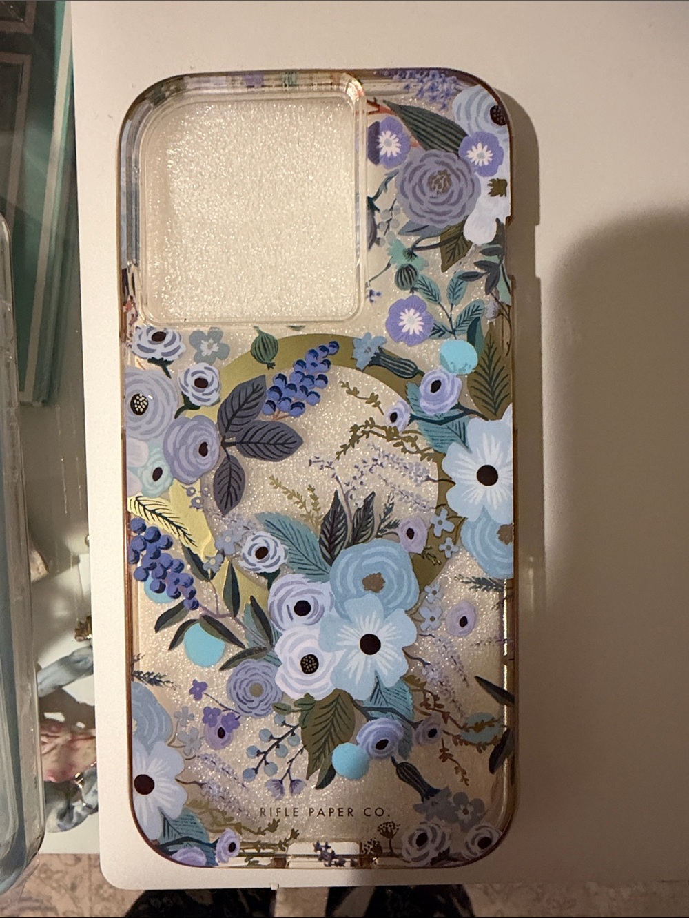 Rifle Paper Co. light blue and gold floral phone case